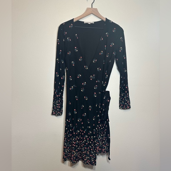 LOFT Black Floral Long Sleeve Wrap Dress - Picture 2 of 9